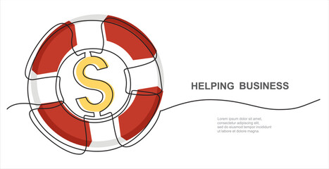 Wall Mural - Helping business. continuous One  line drawing of lifebuoy and dollar sign. Business help, support, survival, investment concept. 