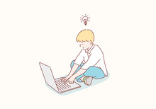 Boy Sitting With Laptop. Hand Drawn Style Vector Design Illustrations.