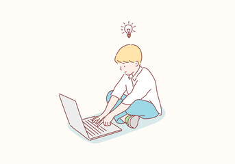 Wall Mural - Boy sitting with laptop. Hand drawn style vector design illustrations.