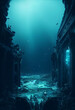 ruined lost city underwater fantasy 3d illustration