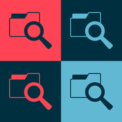 Canvas Print - Pop art Search concept with folder icon isolated on color background. Magnifying glass and document. Data and information sign. Vector