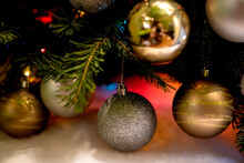 New Year Christmas Holiday Background. Scenery Toys And Garlands. Dark Photo With Shallow Depth Of Field.
