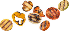 Falling grilled vegetable slices isolated