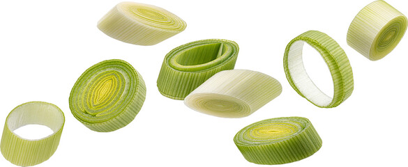 Wall Mural - falling leek slices, chopped green onion isolated