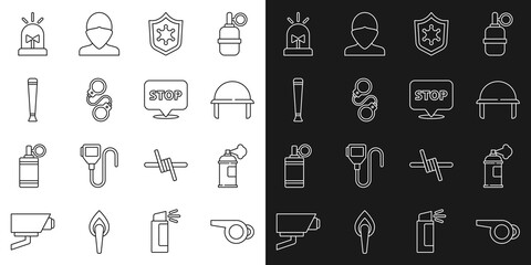 Poster - Set line Whistle, Paint spray can, Military helmet, Police badge, Handcuffs, rubber baton, Flasher siren and Protest icon. Vector