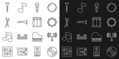 Sticker - Set line Vinyl disk, Musical tuning fork, Tambourine, Microphone, Clarinet, Drum sticks, and icon. Vector