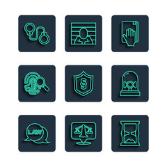 Wall Mural - Set line Law, Scales of justice, Old hourglass, Oath on the Holy Bible, Justice law in shield, Fingerprint, Handcuffs and Flasher siren icon. Vector