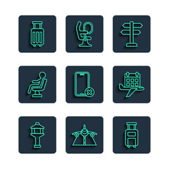 Poster - Set line Airport control tower, Plane, Suitcase, Road traffic sign, No cell phone, Human waiting in airport terminal, and Calendar and airplane icon. Vector