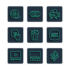 Sticker - Set line Online play video, Cinema auditorium with screen, ticket, Retro cinema camera, Popcorn cardboard box, Film reel and 2k Ultra HD icon. Vector