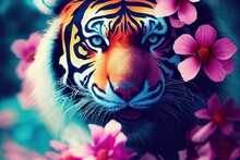 A Fantasy Tiger With Flowers And A Beautiful Magical Fairy Tale Enchanted Forest. Artistic Abstract Beautiful Nature. Perfect For Phone Wallpaper Or For Posters.