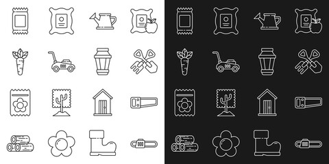 Canvas Print - Set line Chainsaw, Hand, Shovel rake, Watering can, Lawn mower, Carrot, Fertilizer bag and Garden light lamp icon. Vector