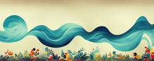 Underwater Landscape With Wave As Vintage Style Illustration