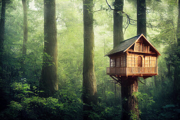 Wall Mural - Professional tree house in green forest in summer as travel destination