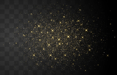 Glitter gold particles shine effect on png background. Vector gold glitter particles effect and texture. Stardust amber particles color on transparent background. Golden explosion of confetti.