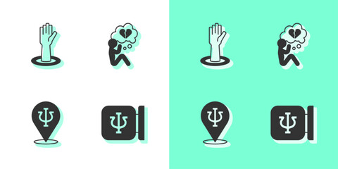 Sticker - Set Psychology, Psi, Helping hand, and Broken heart or divorce icon. Vector