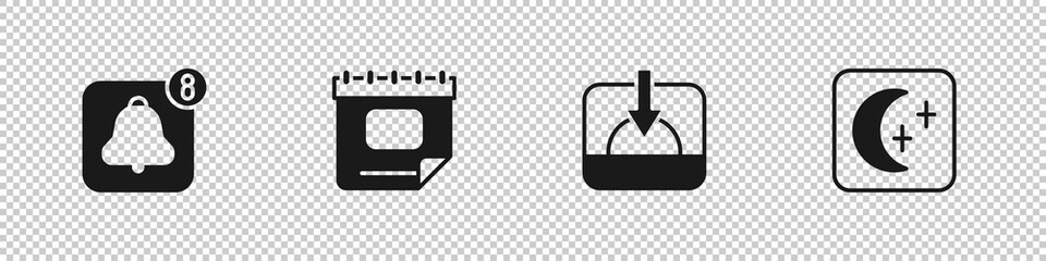 Sticker - Set Alarm clock app mobile, Calendar, Sunset and Moon and stars icon. Vector
