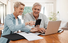 Phone, Laptop And Finance With A Senior Couple Working On A Will, Savings Or Investment With Documents In Their Home. Money, Growth And Retirement With An Elderly Man And Woman Planning Their Pension