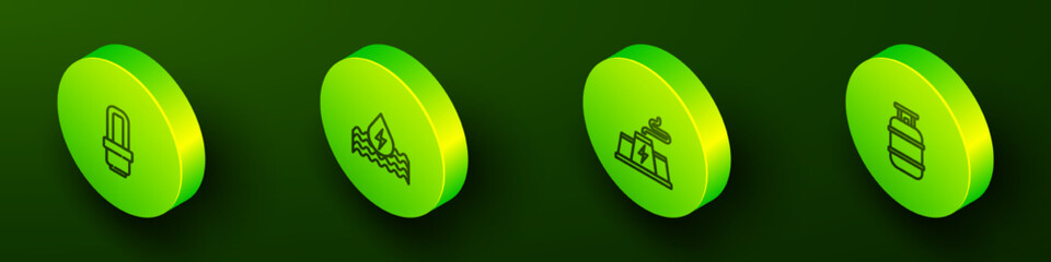 Sticker - Set Isometric line LED light bulb, Water energy, Power station plant factory and Propane gas tank icon. Vector