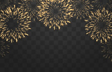 Festive Fireworks With Brightly Shining Sparks. New Year's Eve Fireworks. Realistic Sparks And Explosions. Colorful Pyrotechnics Show. Vector Isolated On Png Background.
