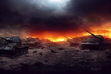 Battlefield With Broken Tanks From World War II. Destroyed Equipment, Dust And Piles Of Debris. 3D Rendering