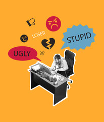 Contemporary art collage. Conceptual image with man getting many negative messages on Internet space