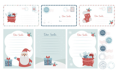 Christmas collection templates. Letter to Santa Claus, new year postal envelopes and postage stamps. Big set of isolated vector illustration for decoration of Christmas cards and gifts.