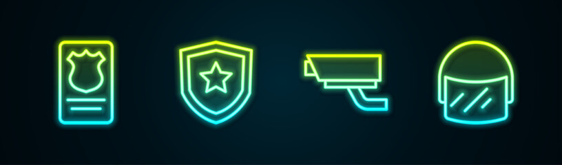 Poster - Set line Police badge with id case, , Security camera and helmet. Glowing neon icon. Vector