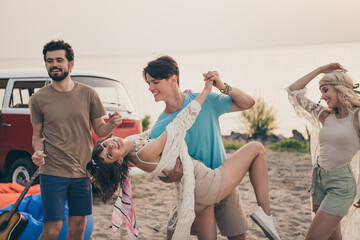 Poster - Photo of positive friends dream couple boyfriend dance pretty girlfriend wear boho outfit nature seaside beach outside