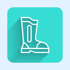 Poster - White line Fire boots icon isolated with long shadow background. Green square button. Vector