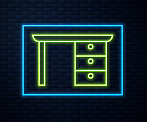 Poster - Glowing neon line Office desk icon isolated on brick wall background. Vector