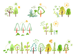 Wall Mural - Scandinavian style One point landscape of trees Cute and simple hand-painted watercolor illustration set / 北欧風 木々のワンポイント風景 かわいくてシンプルな手描きの水彩イラストセット