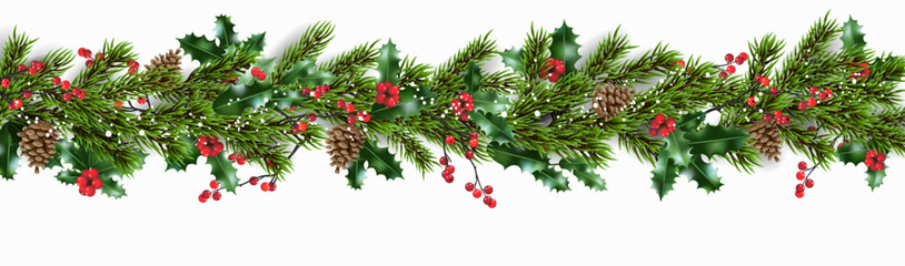 Wall Mural - christmas tree branch, hollies and berries