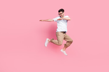 Sticker - Full length photo of positive nice man interested look empty space dressed stylish clothes empty space isolated on pink color background