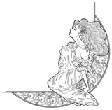 Fototapeta Dinusie - PNG transparent art nouveau decorative corner vignette with lady sitting on floral ornate frame	