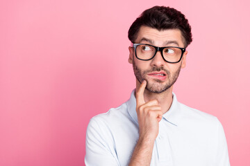 Sticker - Closeup photo of young funny excited positive bearded guy wear glasses white polo pouted lips touch cheeks look empty space isolated on bright pink color background