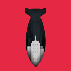 Big bomb with building on red background. Creative minimalistic composition in 3d layered paper cut style. Modern concept art design. Cartoon vector illustration.