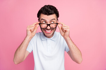 Canvas Print - Closeup photo of young attractive handsome funny guy wear glasses toothy smile look empty space curious good offer isolated on bright pink color background