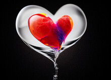 Red Heart Beating Enclosed In A Heart Made Of Water, Flowing With Splashes, Minimalist On Black Background, 3D Illustration