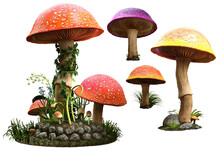 Fantasy Mushrooms Group 3D Illustrations