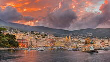 Dramatic Sunset Over The Old Town And Port Of Bastia On Corsica, France