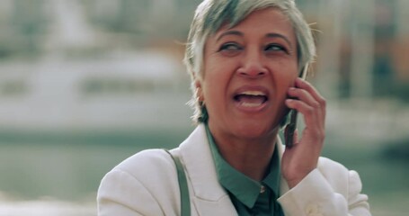 Canvas Print - Comic phone call, happy and mature woman talking on a smartphone in the urban city with 5g internet. Funny and corporate manager speaking on mobile, networking with people and smile for tech in India