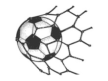 Soccer Football Ball In Goal Net Sketch Engraving Vector Illustration. Scratch Board Imitation. Black And White Hand Drawn Image.