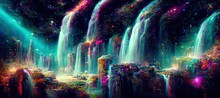 Waterfall. Cosmic Waterfall. Universe. Illustration. Fantasy