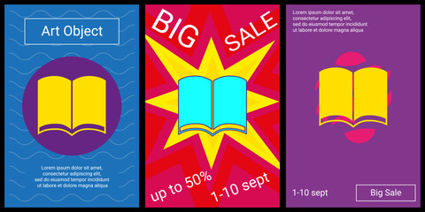 Trendy retro posters for organizing sales and other events. Large book symbol in the center of each poster. Vector illustration on black background