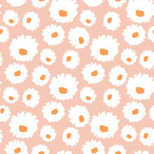 Seamless Daisy Pattern With Hand Drawn Flowers. Botanical Floral Texture In Minimalistic Style. Vector Illustration