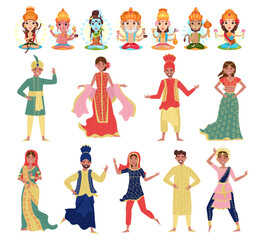 Wall Mural - Indian People Character in National Dress and Turban with Ancient Deity Big Vector Set