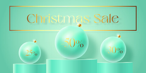 Wall Mural - Christmas Sale Vector Advertising Banner Card Template. Season Promo Background Scene with Realistic Baubles and Discount Podiums New Year Winter Holidays Promo Pastel Story Decoration Poster