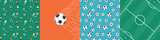 Fototapeta Sport - Set of diverse soccer player men athlete team pattern. Colorful retro football game illustration collection. Includes foot ball print, stadium field background and goal shot.