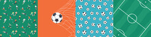 Set Of Diverse Soccer Player Men Athlete Team Pattern. Colorful Retro Football Game Illustration Collection. Includes Foot Ball Print, Stadium Field Background And Goal Shot.