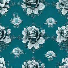  Vintage Teal Rose Floral Seamless Pattern Background with Shabby Cottage Chic Flowers Repeating Design with Words on Old Paper